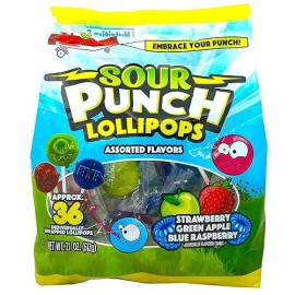 Adams & Brooks  Inc. Sour Punch Lollipops Sour Fruit Flavors Strawberry  Green Apple  Blue Raspberry Sour Lollipops  Sour Punch Pops Individually Wrapped 36 Count