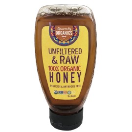 Heavenly Organics 100% Organic Raw Honey 1Pack - Size 16Oz Squeeze Lightly Filtered to Preserve Vitamins, Minerals and Enzymes; Made from Wild Beehives & Free Range Bees; Dairy, Nut, Gluten Free, Fair traded , Kosher, Chemical , Antibiotic and Glyphosate 