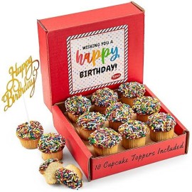 Birthday Gift Basket | Happy Birthday Cupcakes [9 Count] | Mini Rainbow Sprinkle Cupcakes Individually Wrapped | 10 Cupcake Toppers Included | Birthday Treats For Kids  Men  Women| Kosher  Nut Free | Sterns Bakery